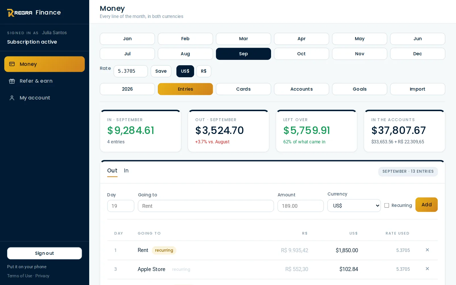 Entries screen with amounts in reais and dollars and the converted total